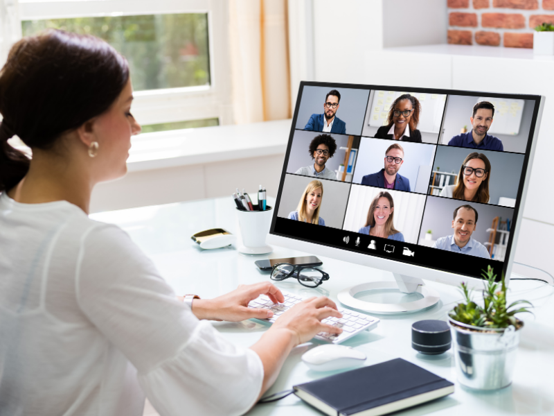 woman attending webinar with 9 other participants shown on computer screen