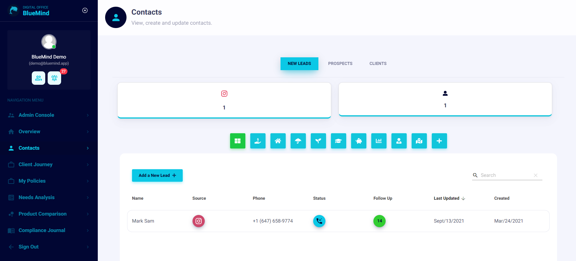 blueMind dashboard screen